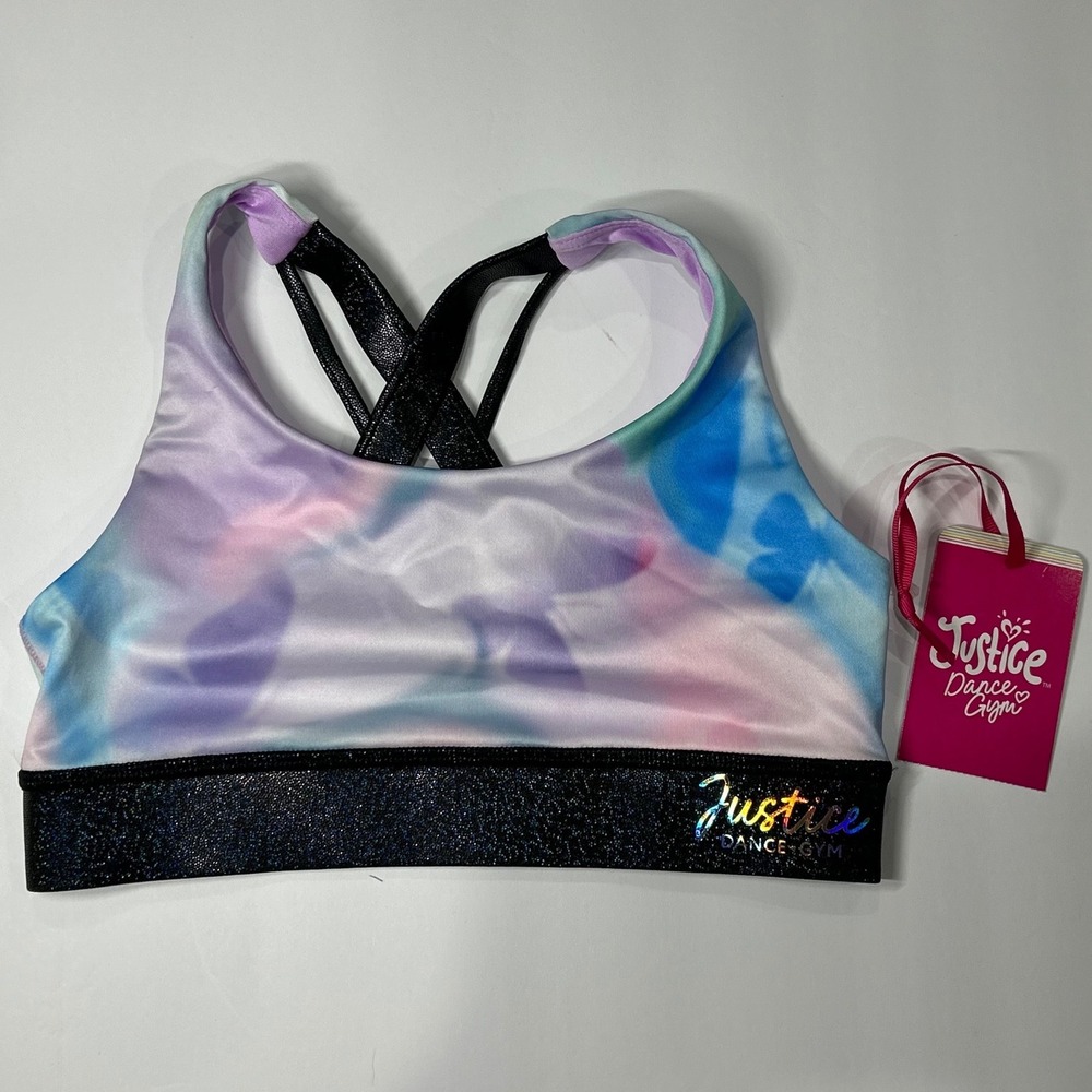 Justice Girls Butterfly Cloud Dye Dance Gym Bra Purple Black Sparkle Small 7/8